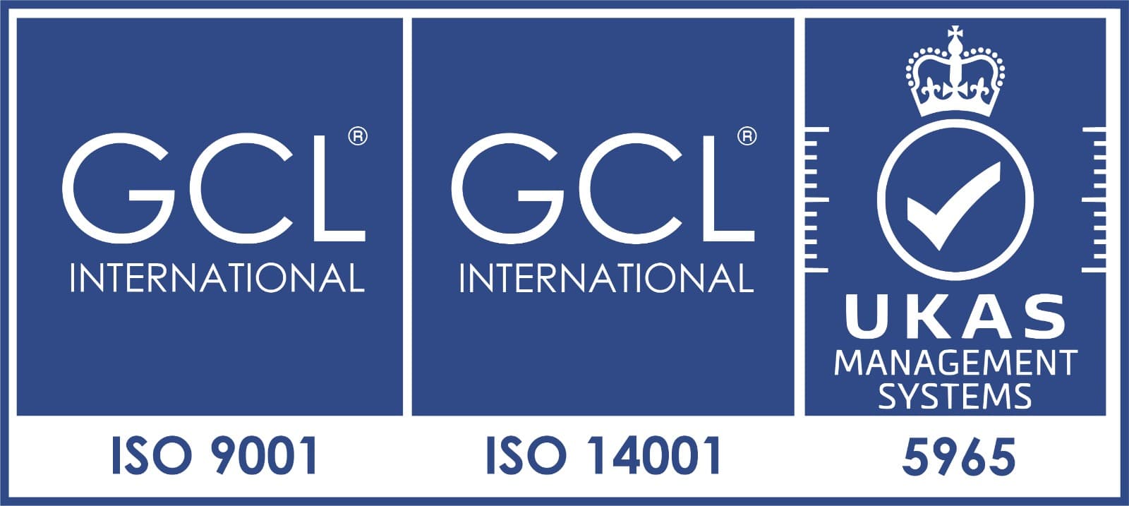 GCL International certification mark for ISO 9001 and ISO 14001, with UKAS Management Systems accreditation 5965